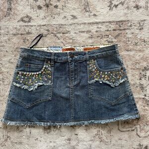 Y2K Plastic By Deluxe Mini Denim Skirt Sequin Pockets Raw Hem Coquette Preppy